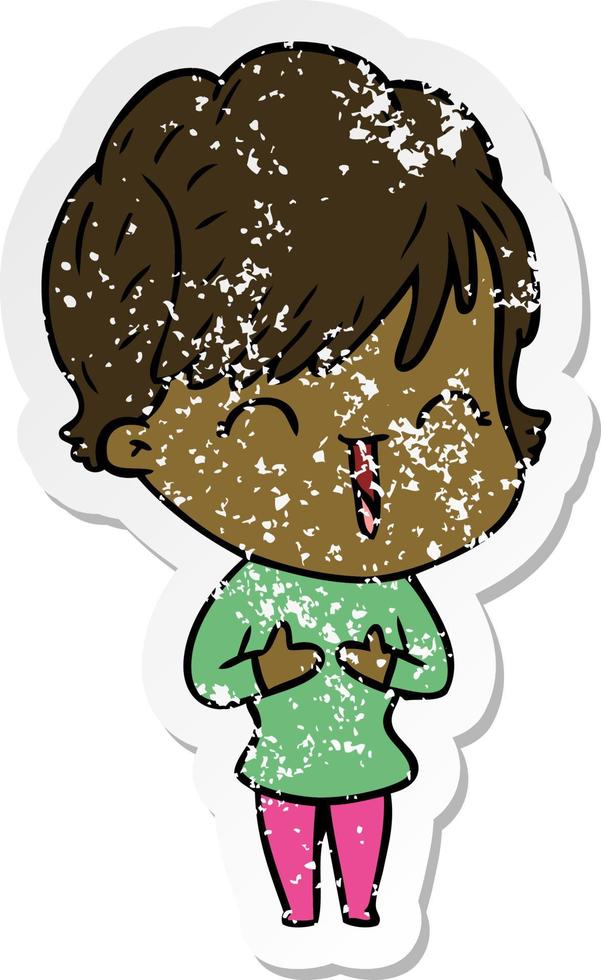 distressed sticker of a cartoon laughing woman vector
