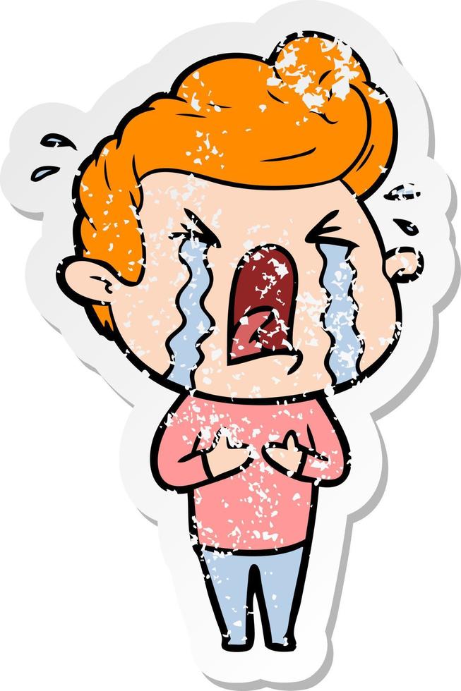 distressed sticker of a cartoon crying man vector