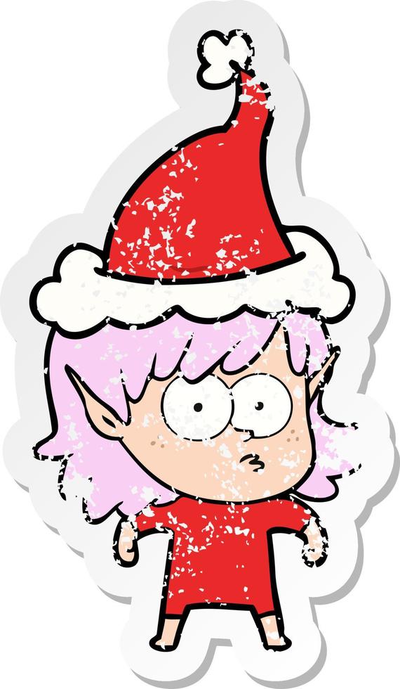 distressed sticker cartoon of a elf girl staring wearing santa hat vector