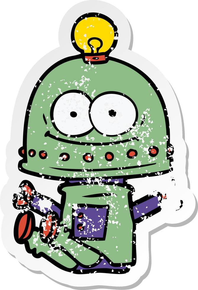 distressed sticker of a happy carton robot with light bulb vector