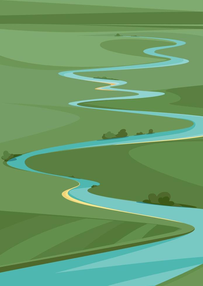 Landscape with river view from above. Natural scenery in vertical format. vector