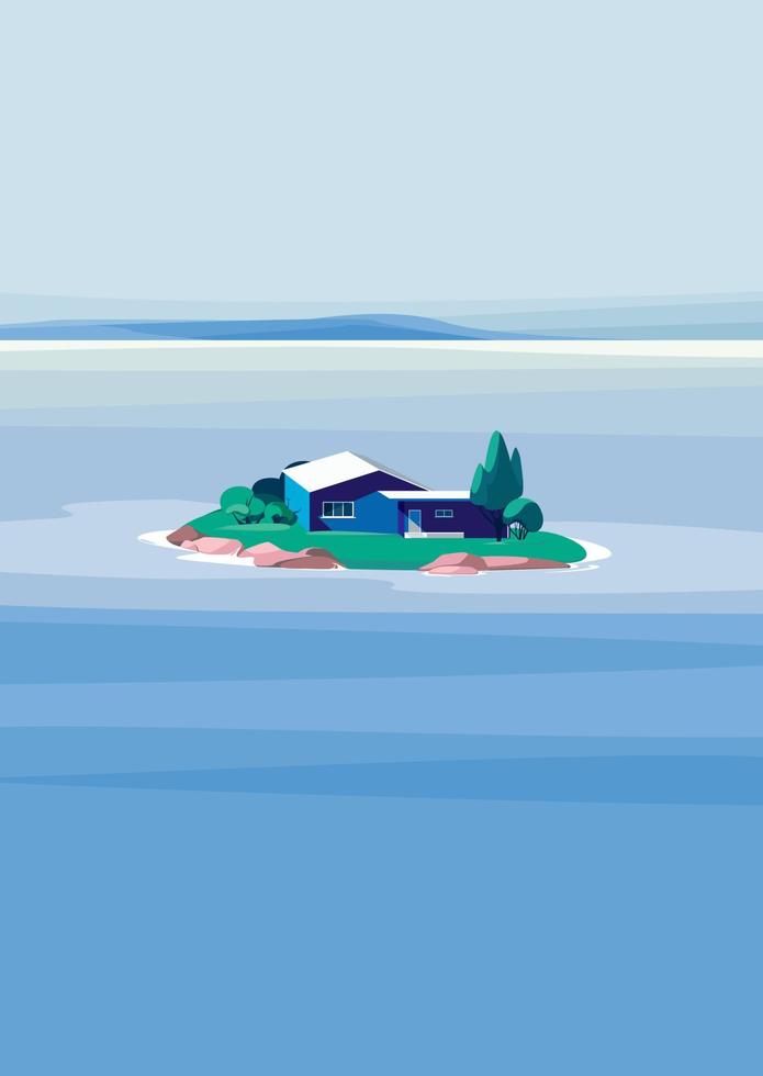 Seascape with blue house on island. Natural landscape in vertical format. vector