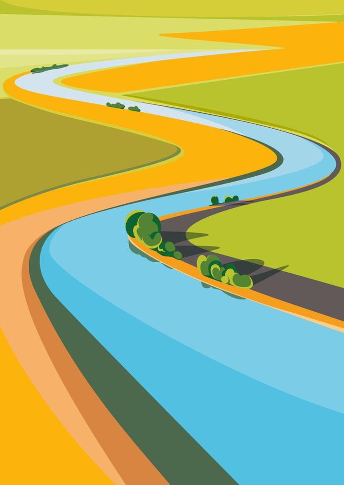 Landscape with river on sunny day. Natural scenery in vertical format. vector