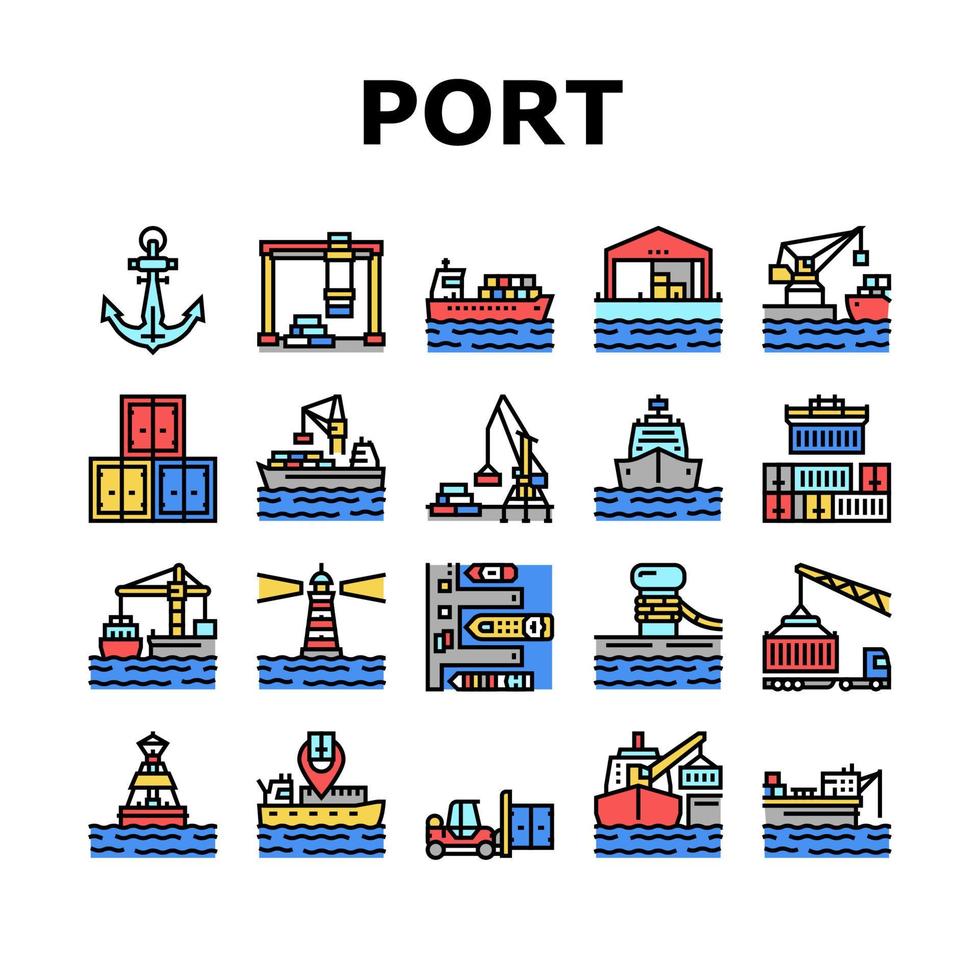 conjunto de iconos de colección de herramientas de puerto de contenedores vector