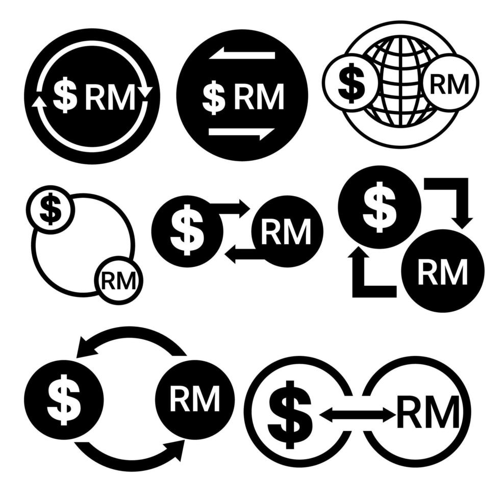 icono de conversión de dinero en blanco y negro de dólar a conjunto de paquetes de vectores de ringgit