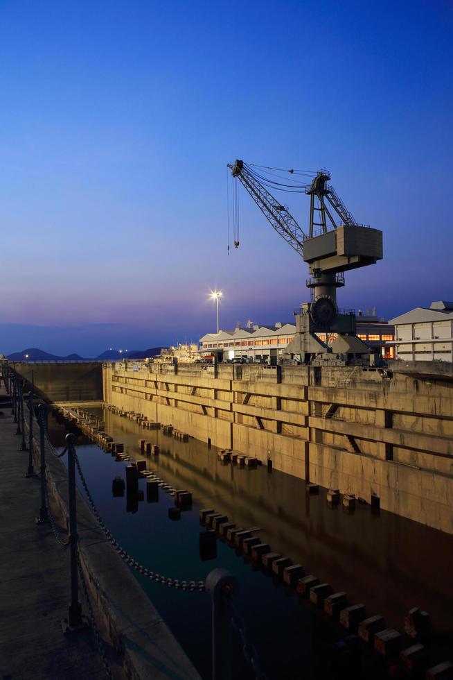 Crane near a covered dry dock at the shipyard photo