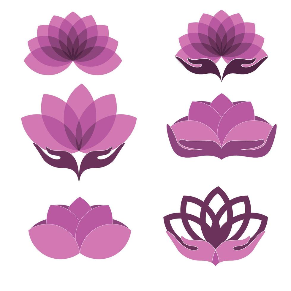 flor de loto púrpura con conjunto de logotipo de mano vector