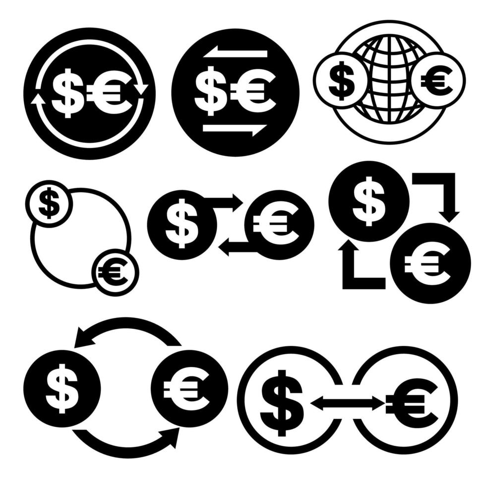 icono de conversión de dinero en blanco y negro de conjunto de paquetes de vectores de dólar a euro