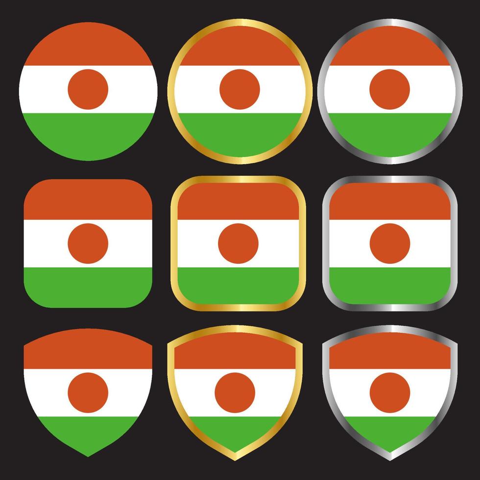 niger flag vector icon set with gold and silver border