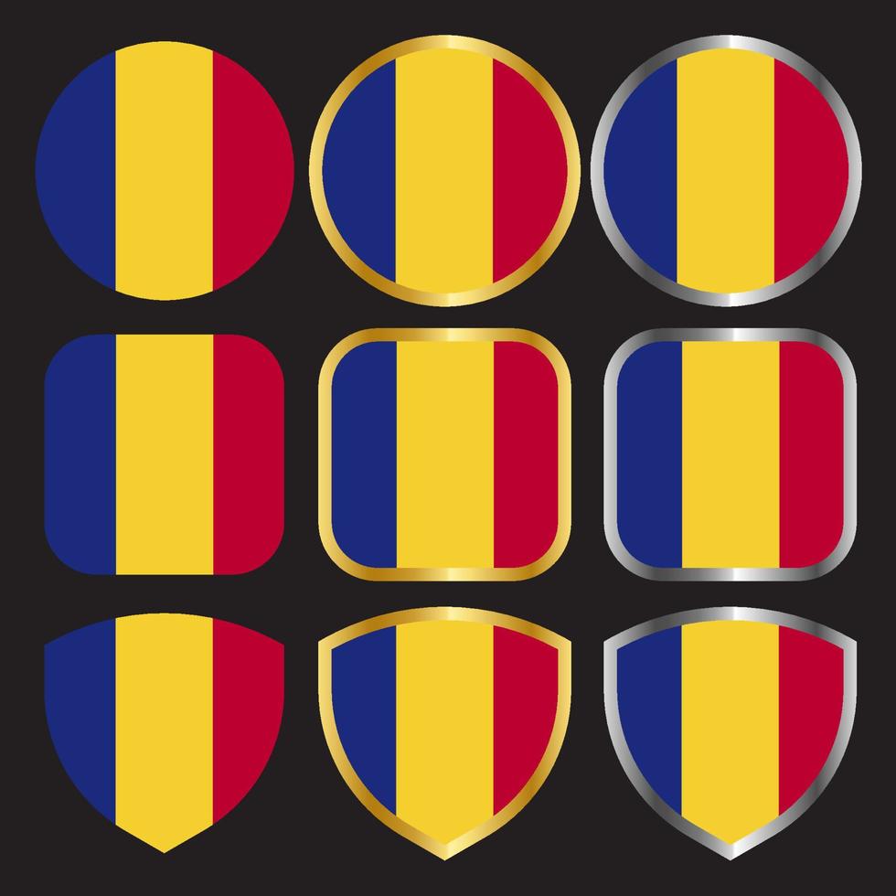 romania flag vector icon set with gold and silver border