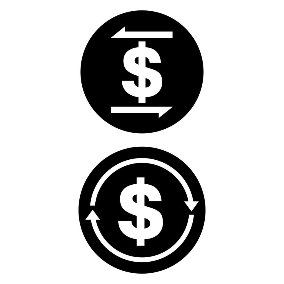 conjunto de paquete de vector de icono de conversión de moneda de dólar blanco y negro