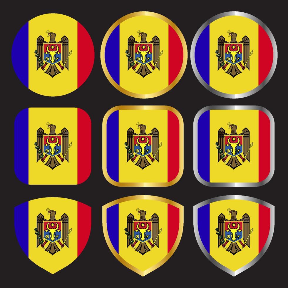 conjunto de iconos de vector de bandera de moldavia con borde de oro y plata