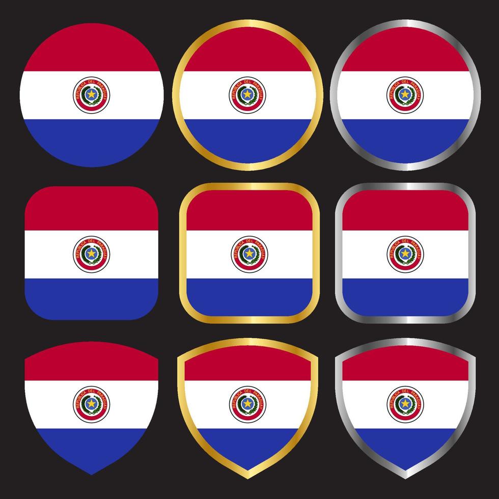 paraguay flag vector icon set with gold and silver border