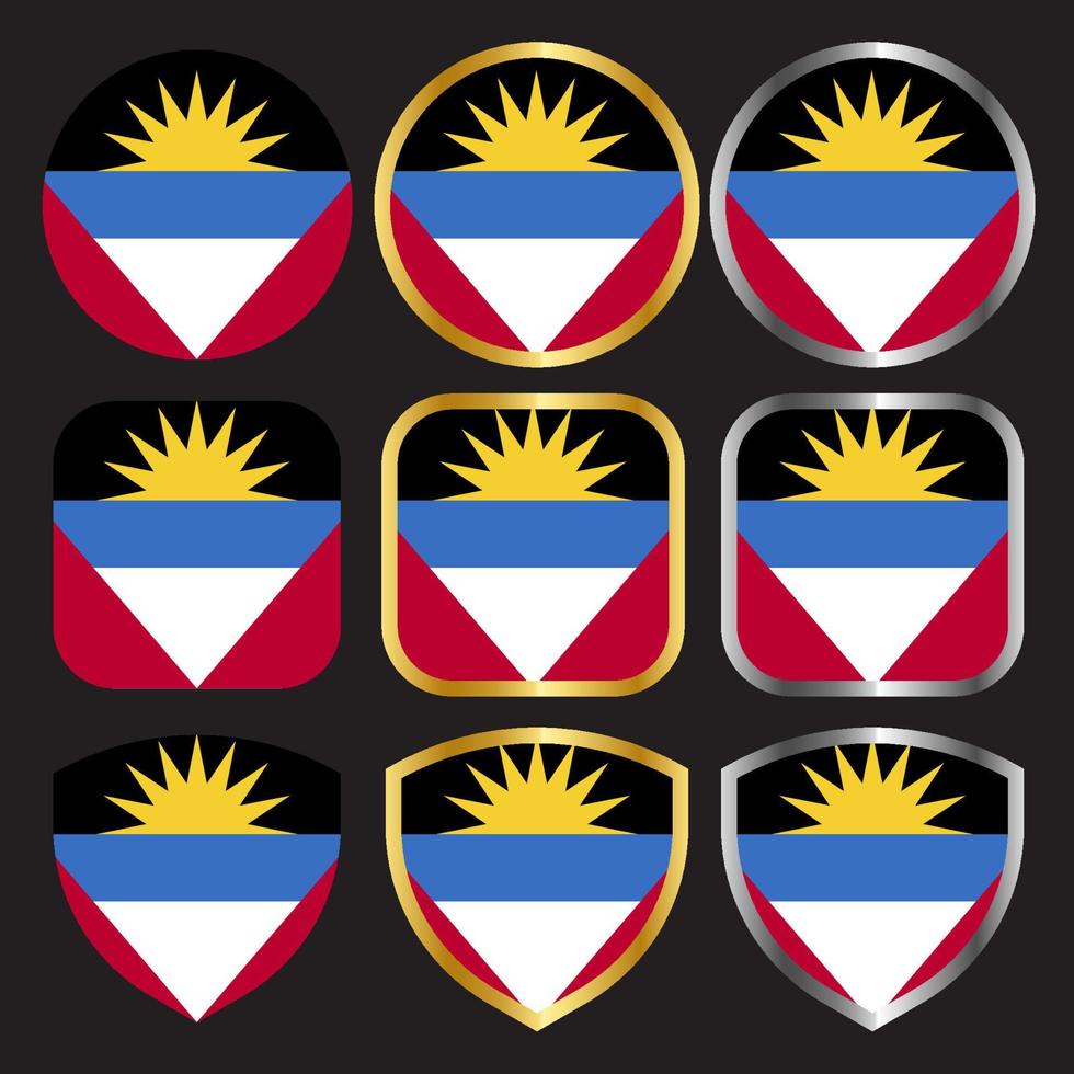 conjunto de iconos vectoriales de bandera de antigua ang barbuda con borde dorado y plateado vector