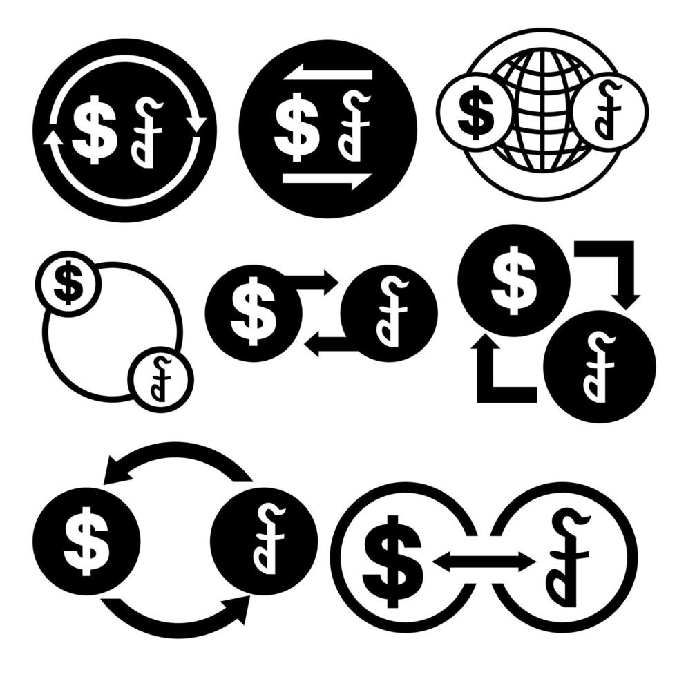 icono de conversión de dinero en blanco y negro de dólar a conjunto de paquetes de vectores de riel