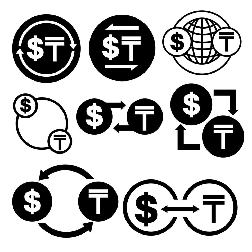 icono de conversión de dinero en blanco y negro de dólar a conjunto de paquetes de vectores tenge