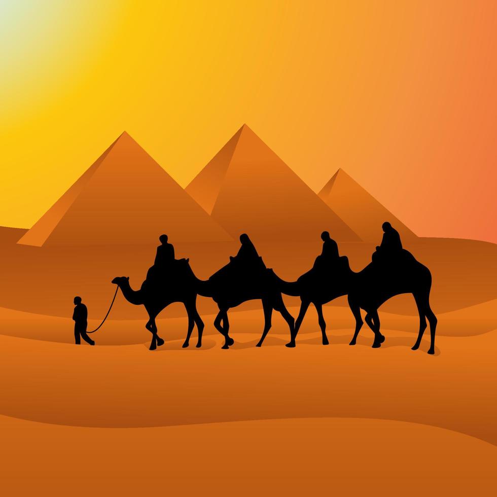 Camel Caravan Crossing Egypt Pyramid Desert Arabian vector Landscape Illustration