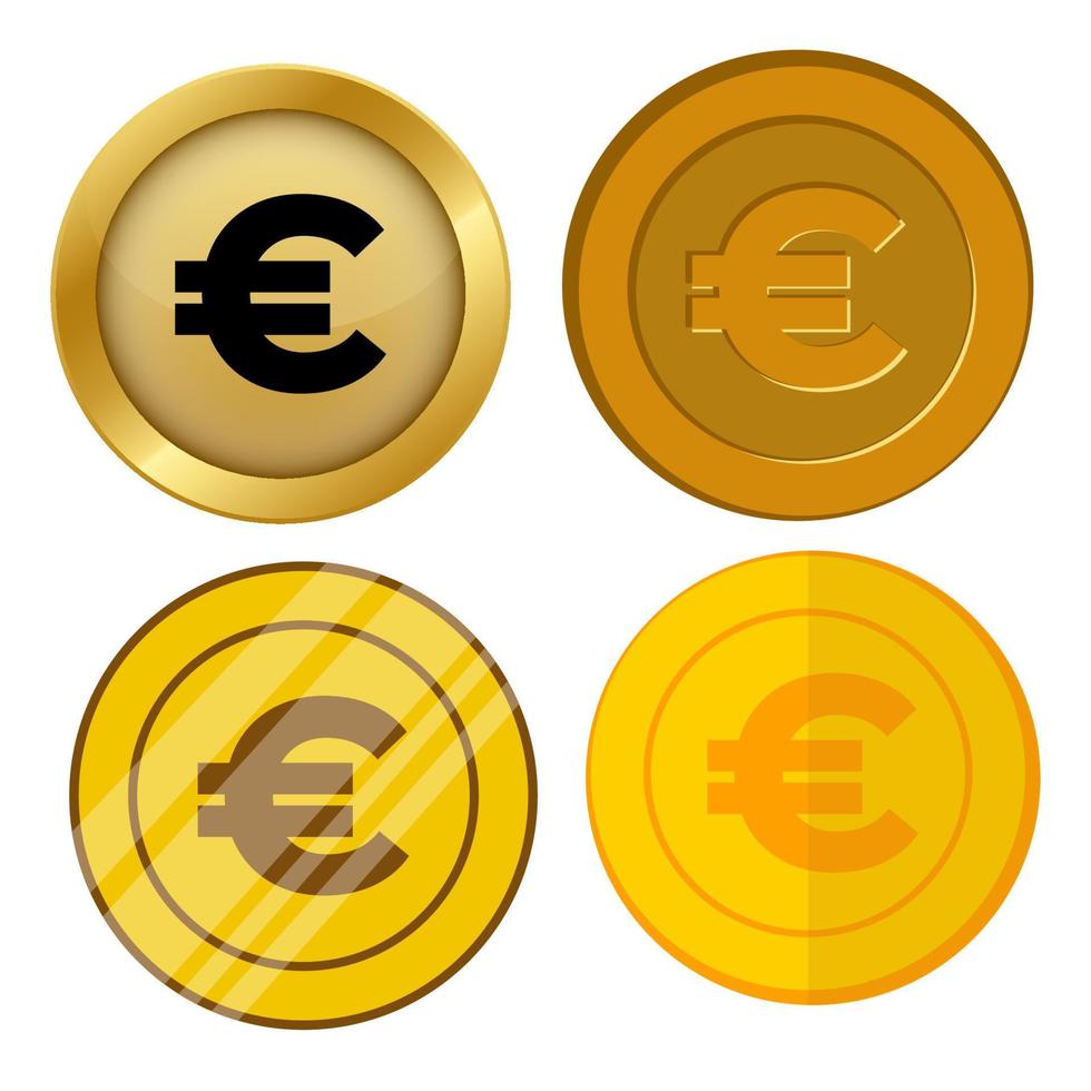 cuatro monedas de oro de estilo diferente con conjunto de vectores de símbolo de moneda euro