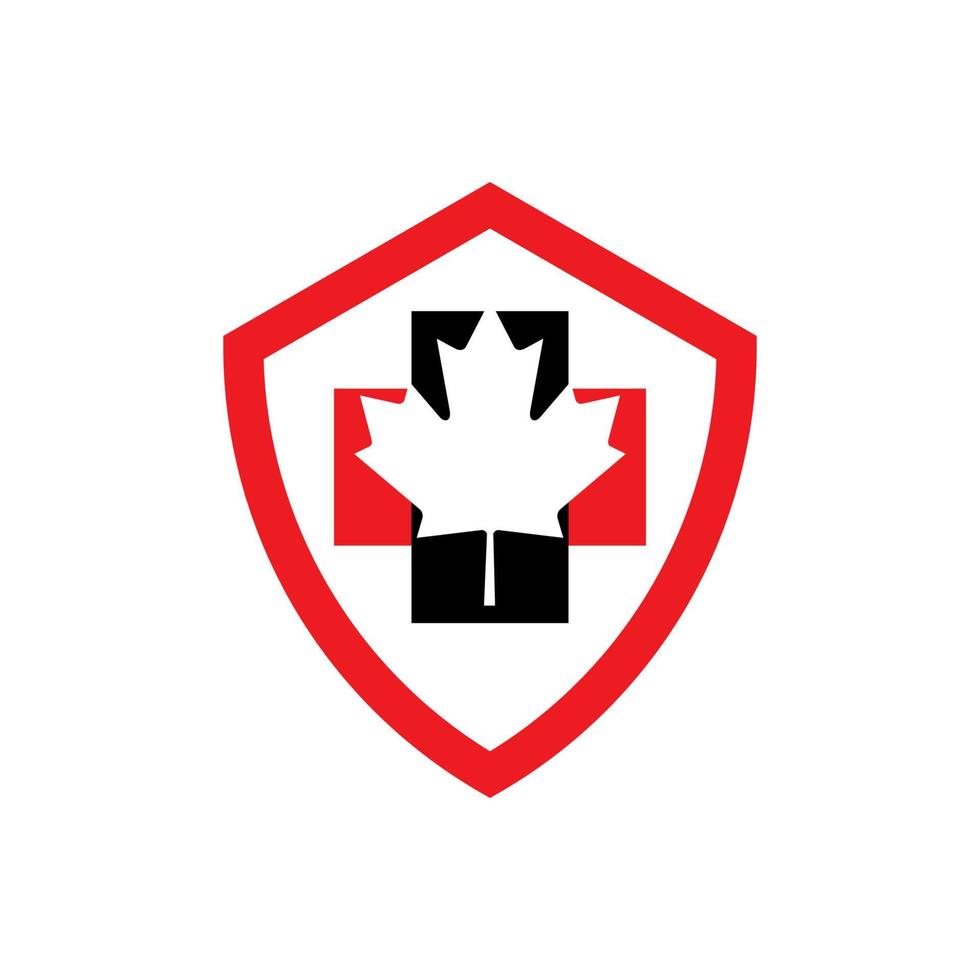 red and black shield health care logo with cross and maple leaf vector