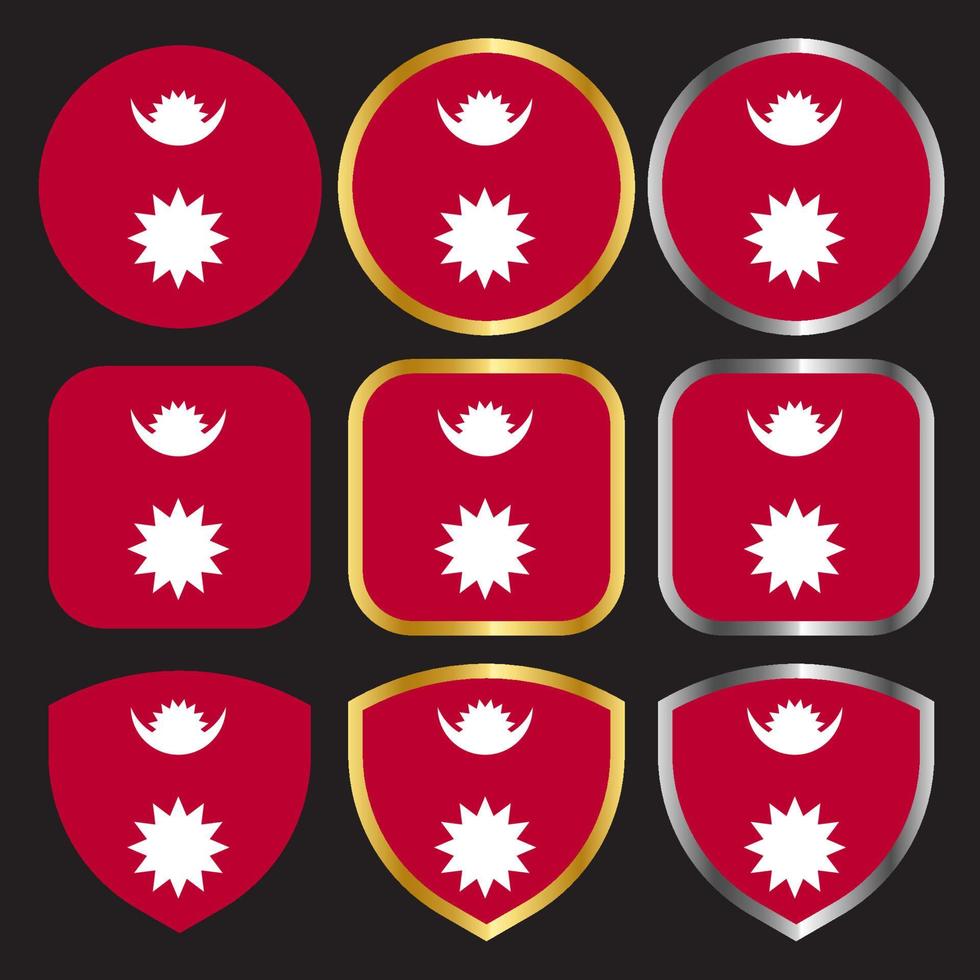 nepal flag vector icon set with gold and silver border