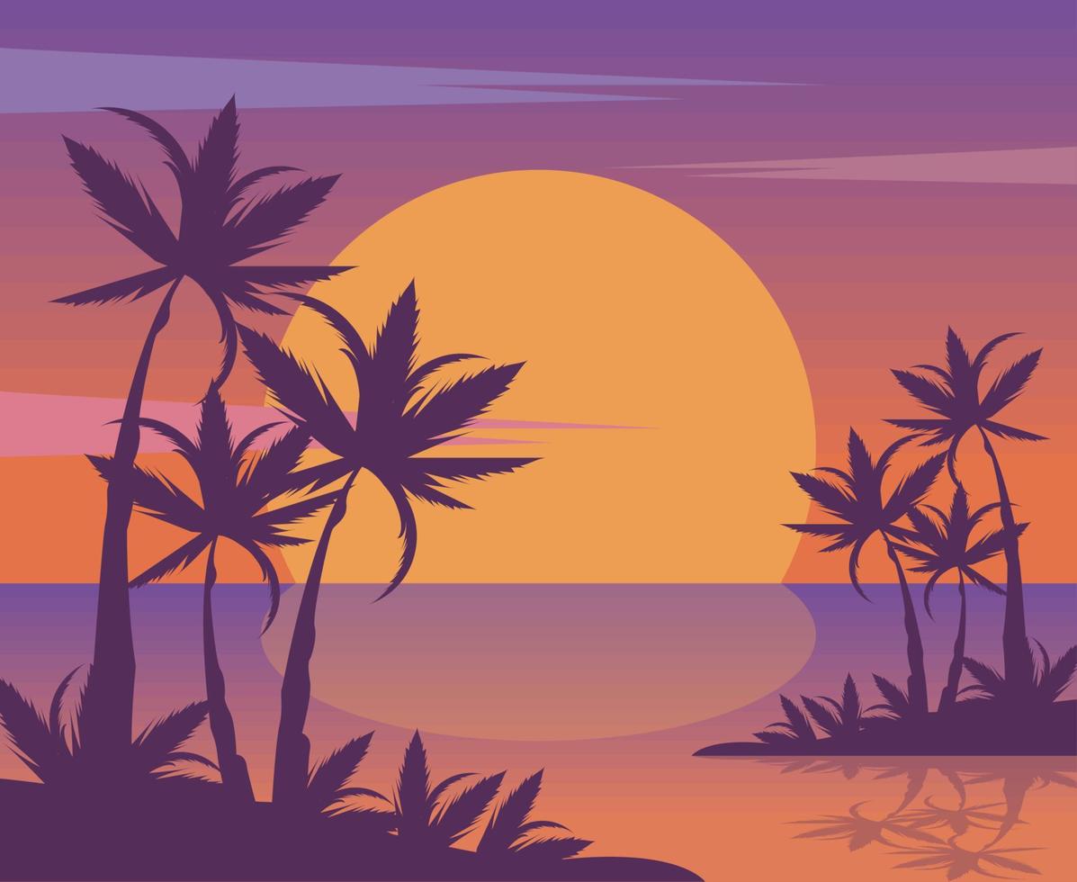 paisaje marino al atardecer con palmeras vector