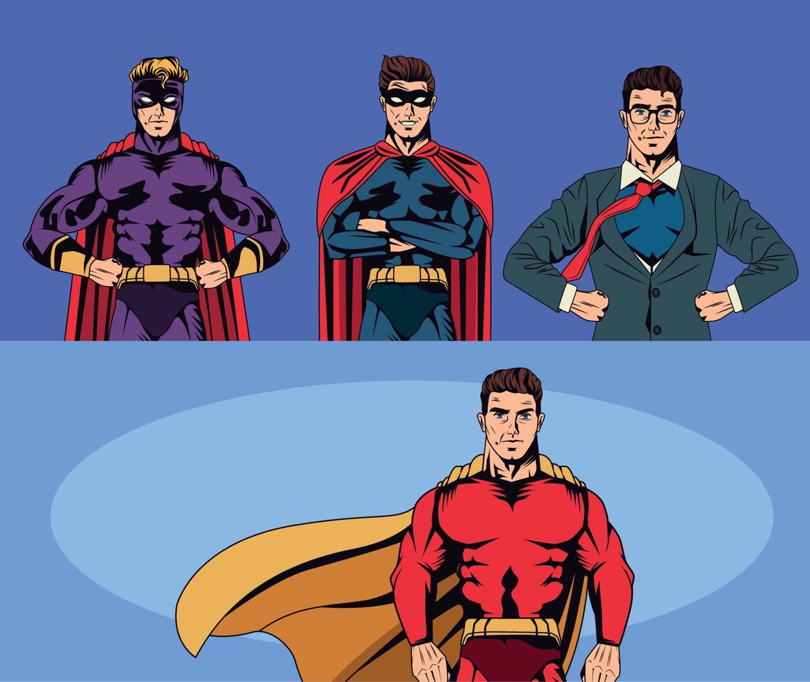 arte pop de cuatro superhéroes vector