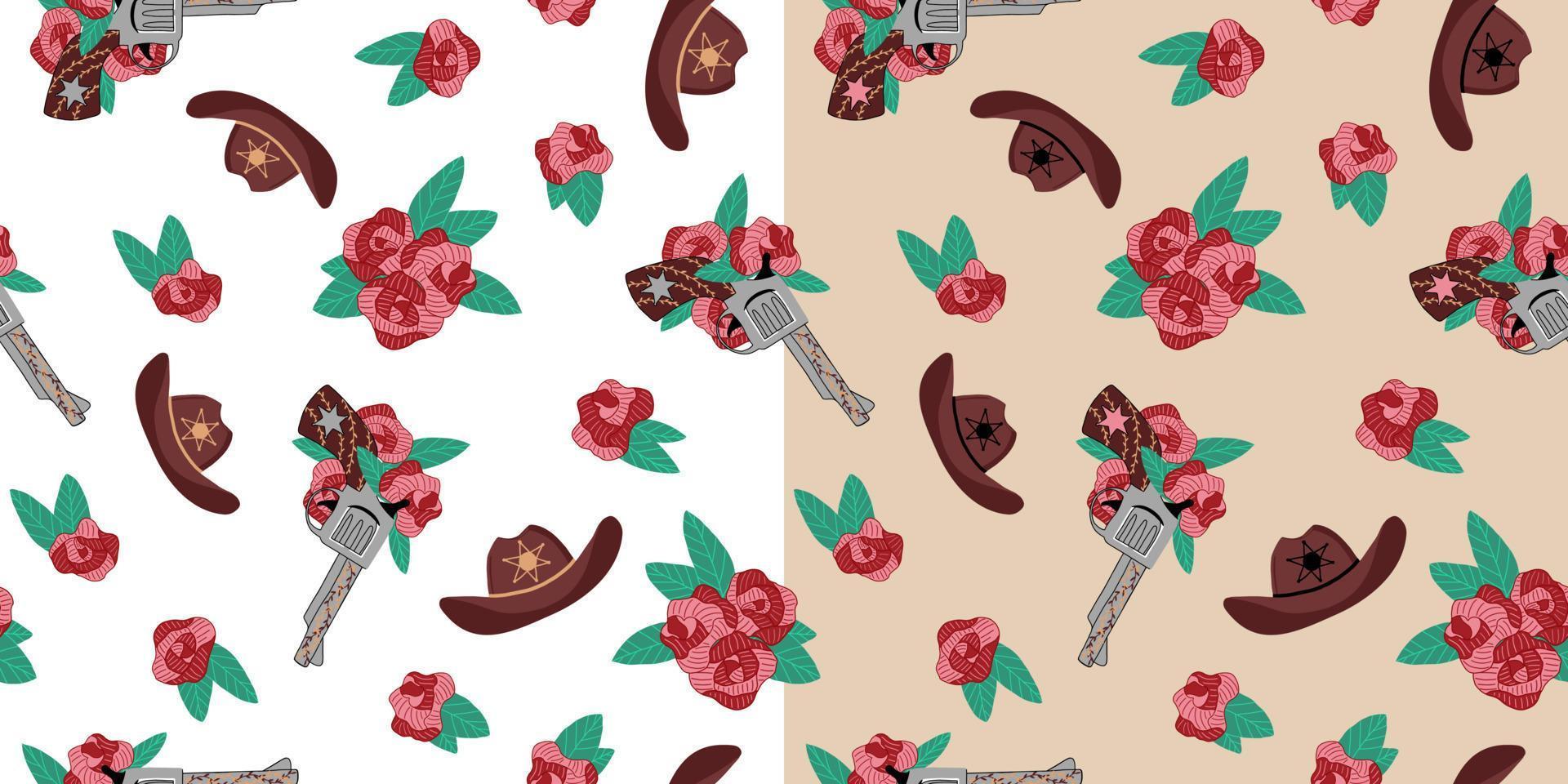 Seamless pattern boho style. Cowboy pistol in flowers. Hand drawn vector illustration.