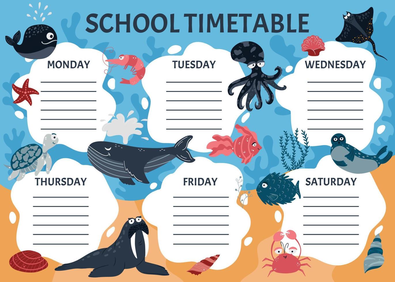 School timetable of classes in elementary school. Weekly planner template with cartoon sea animals. Vector graphics in cartoon style