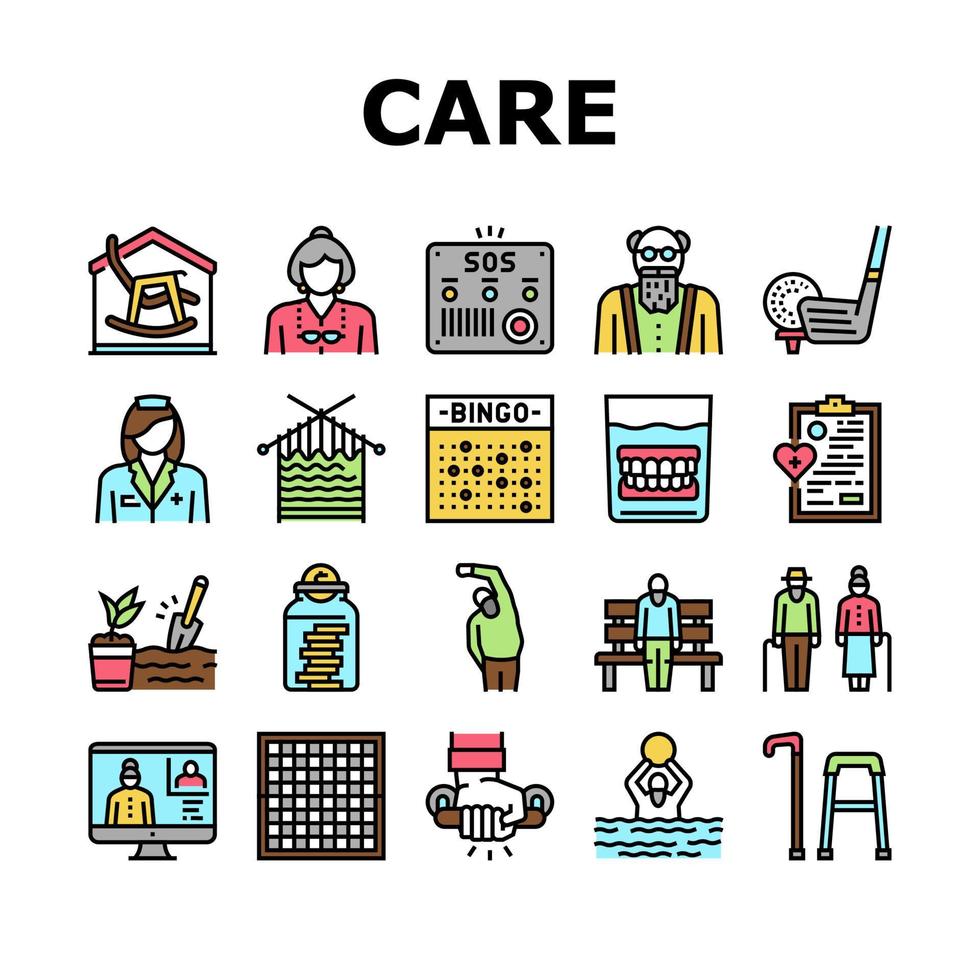 Elderly People Care Collection Icons Set Vector