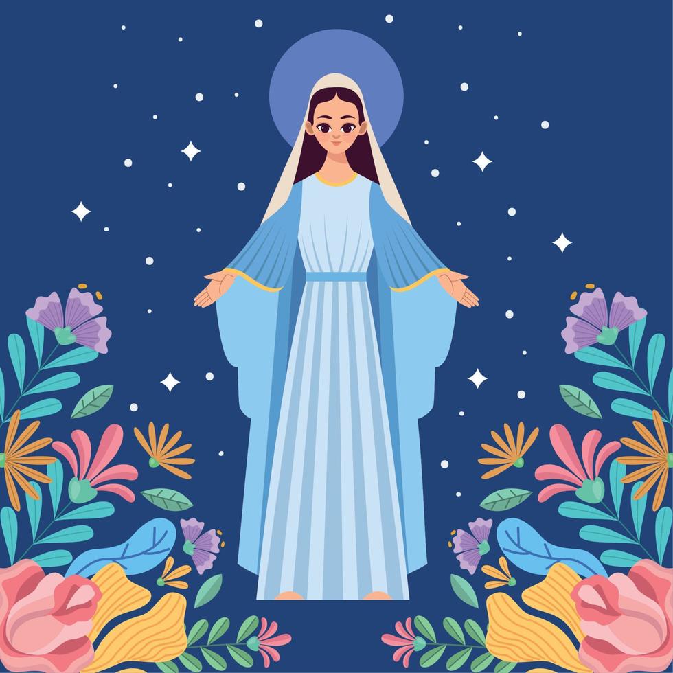 blue mary virgin and flowers vector