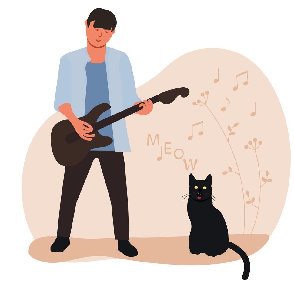 A musician learns to play the guitar at home. The pet is talented at singing. A guitarist with a cat. Vector stock illustration. Isolated on a white background.