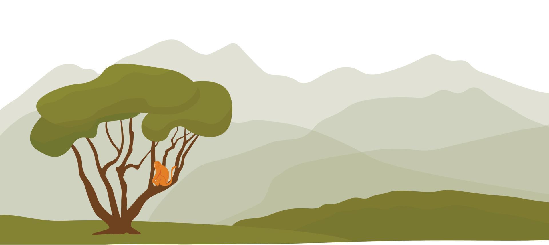 Horizontal panorama of the rainforest. vector stock illustration. A monkey is sitting on a tree. Foggy horizon. Green forest.