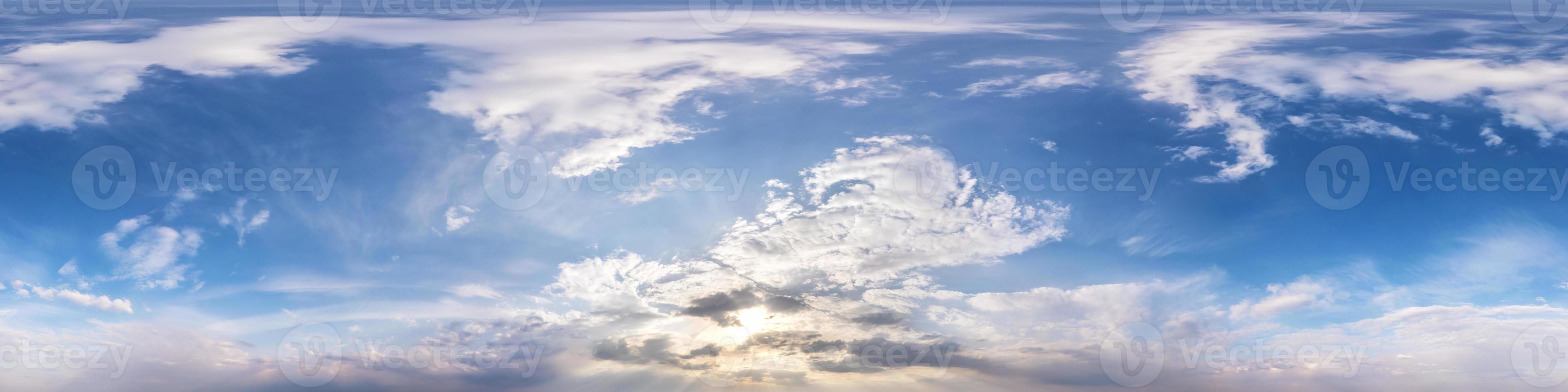 dark blue sky before sunset with beautiful clouds. Seamless hdri panorama 360 degrees angle view with zenith for use in 3d graphics or game development as sky dome or edit drone shot photo