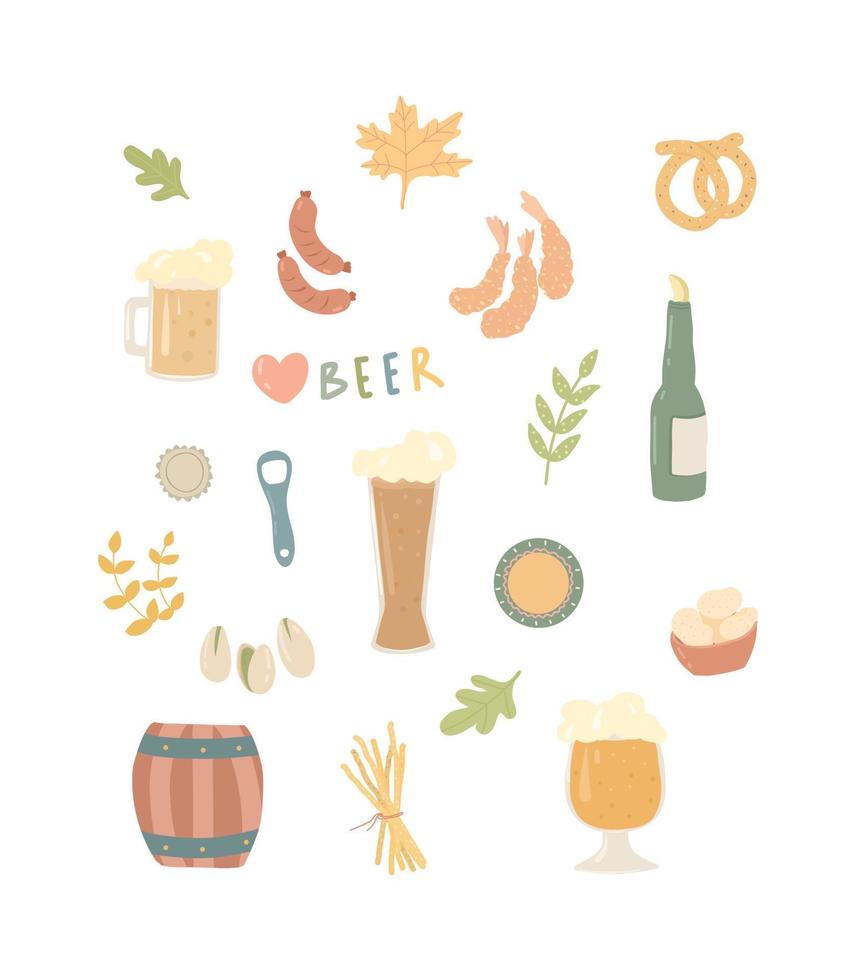 conjunto de cerveza iconos dibujados a mano para la celebración de la cerveza oktoberfest. aperitivos ilustrados, cerveza, camarones, pretzel. vector