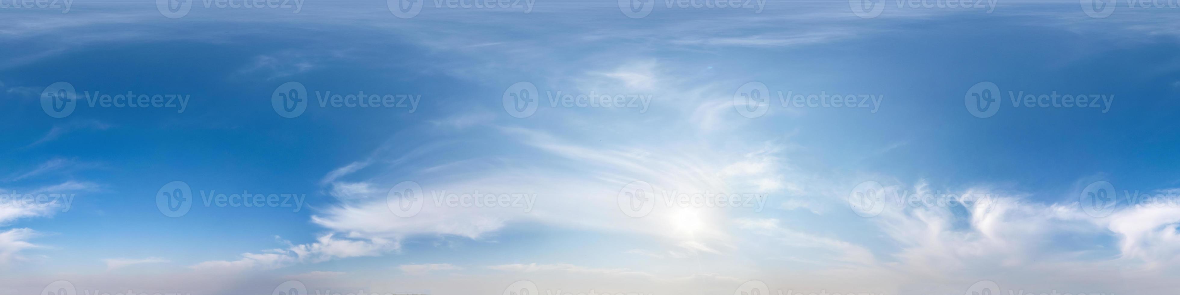 Seamless spherical hdri panorama 360 degrees angle view blue clear sky with scorching sun with zenith for use in 3d graphics or game development as sky dome or edit drone shot photo