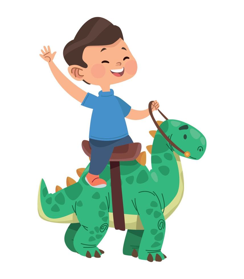 niño jugando con dinosaurio vector
