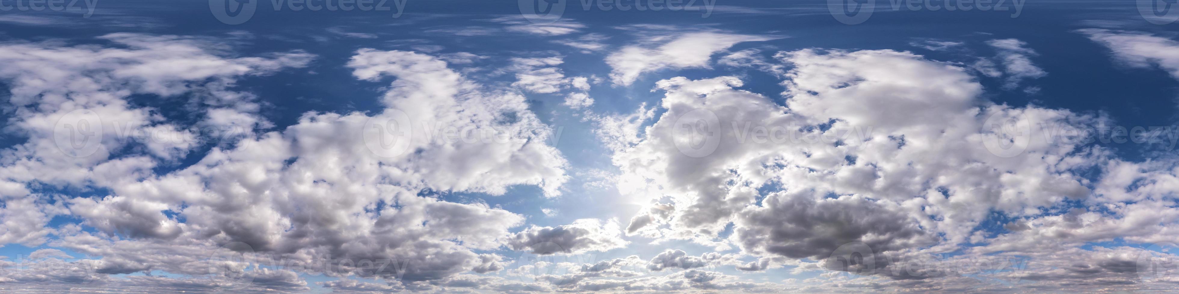 blue sky with beautiful fluffy clouds without ground. Seamless hdri panorama 360 degrees angle view without ground for use in 3d graphics or game development as sky dome or edit drone shot photo