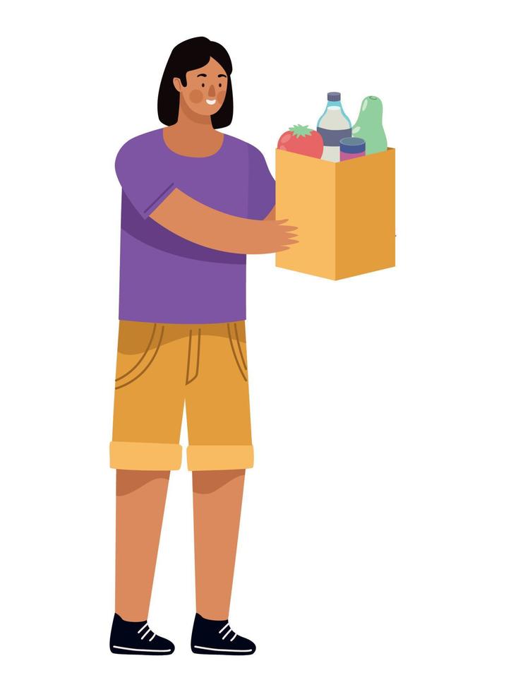 woman lifting groceries donations vector