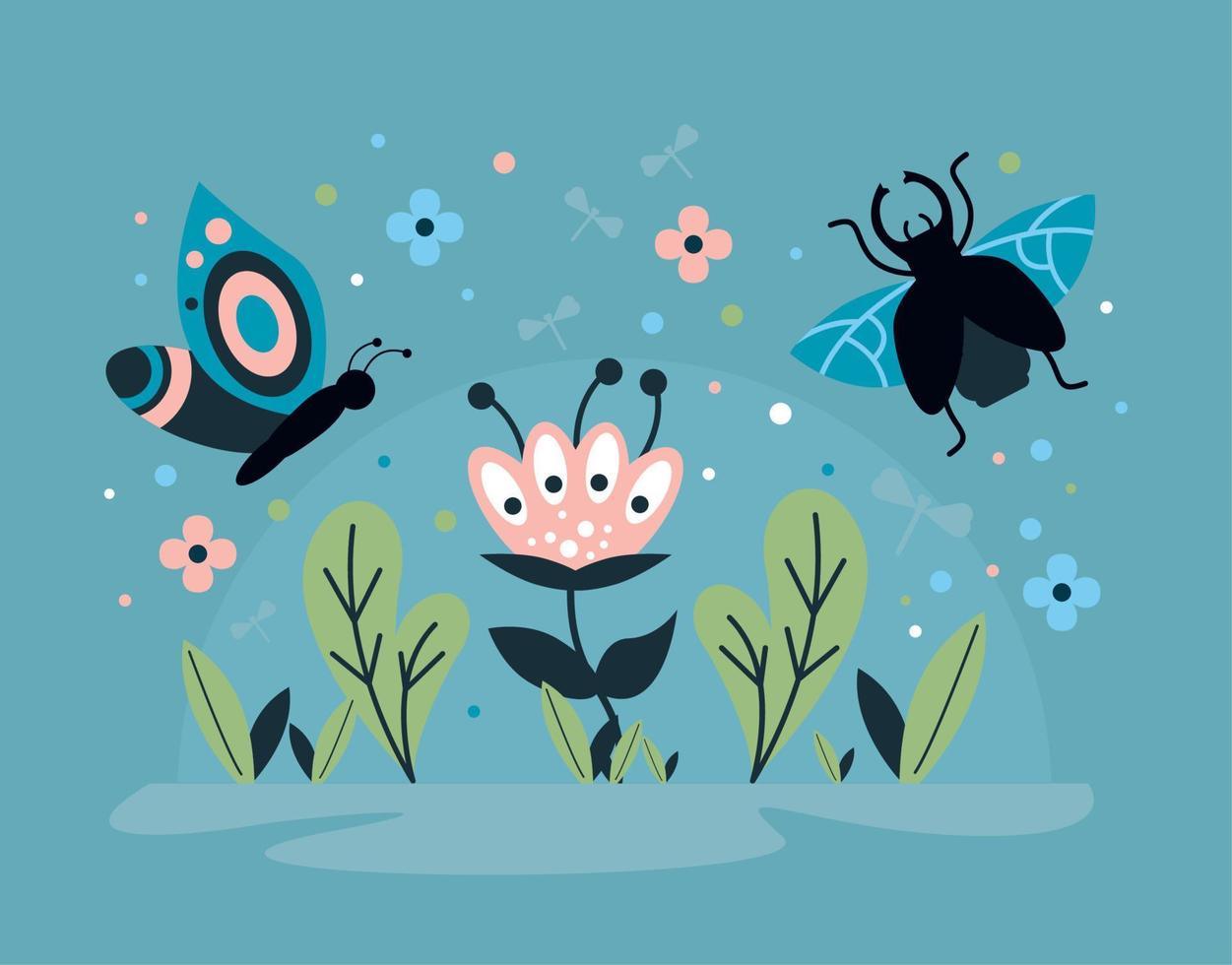 spring insects with flowers vector