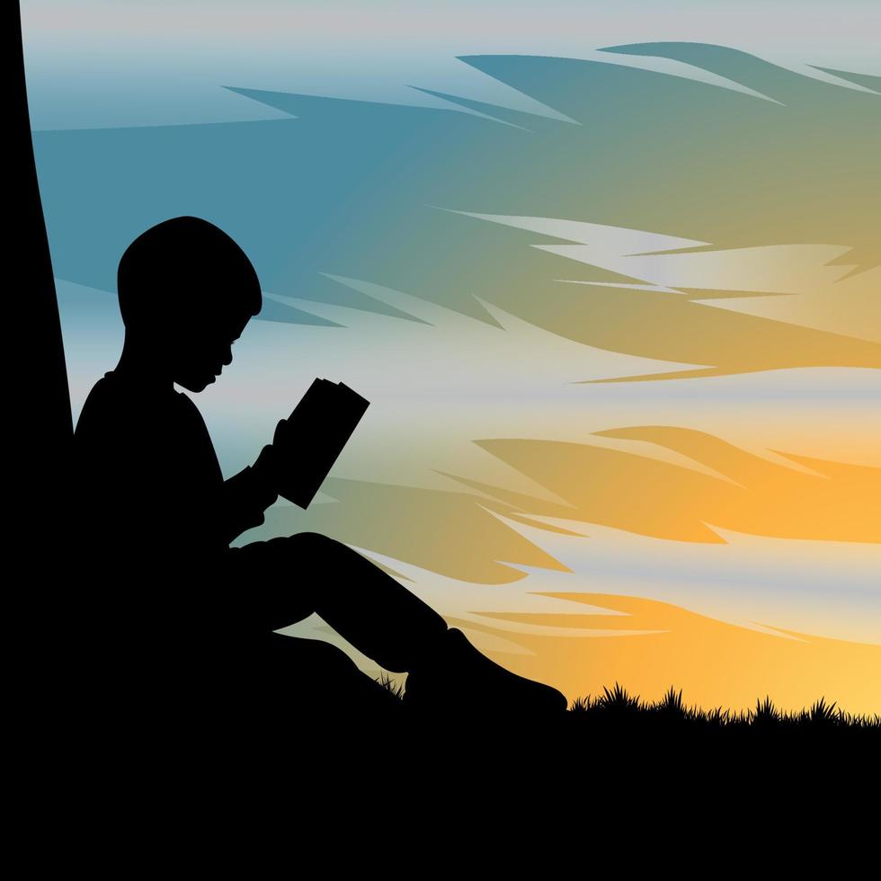 silueta de niño leyendo un libro bajo el árbol durante la hermosa puesta de sol vector