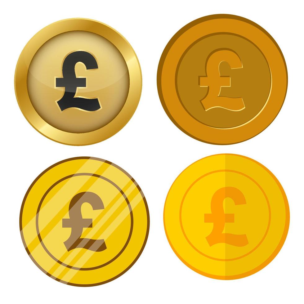 four different style gold coin with pound currency symbol vector set