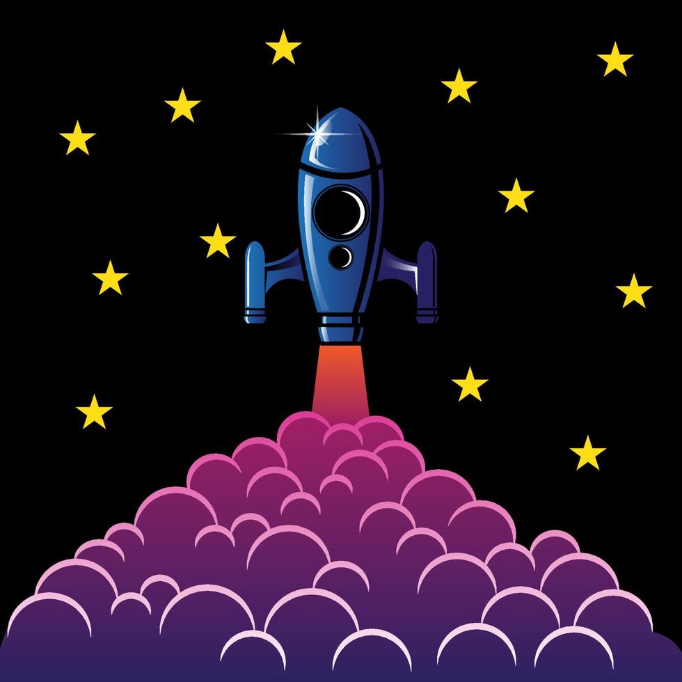 rocket launch at night sky background vector with cartoon style