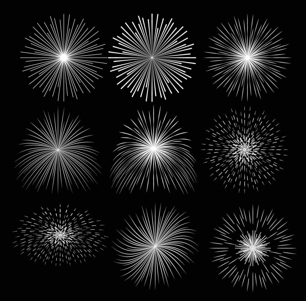 conjunto de paquete de ilustración de vector de fuegos artificiales realistas en blanco y negro