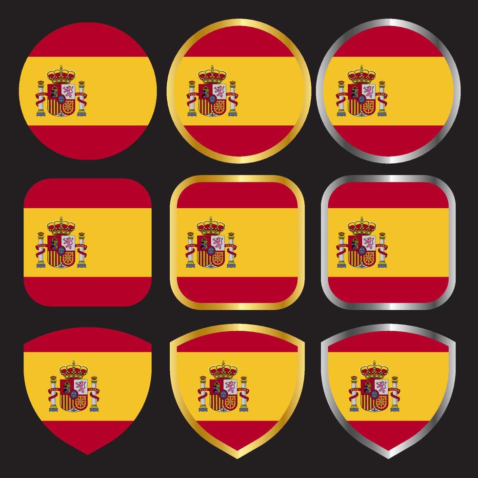 spain flag vector icon set with gold and silver border