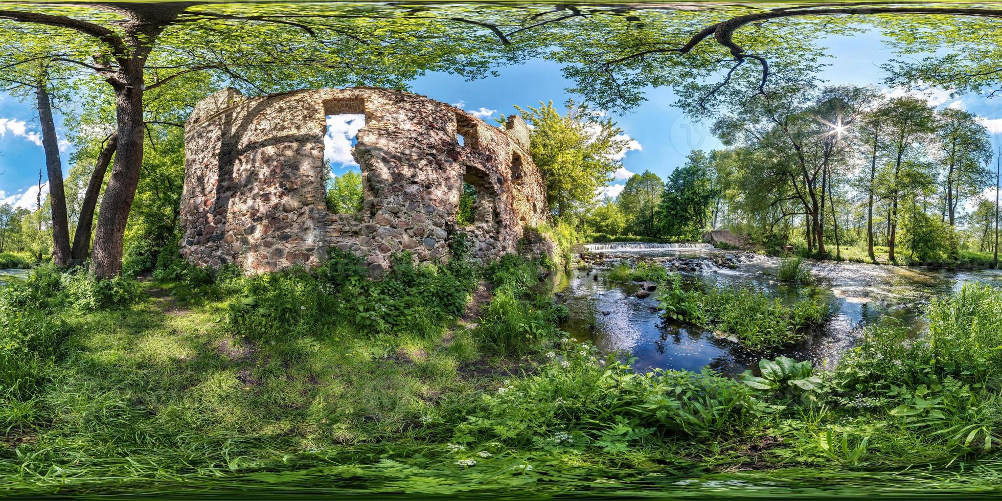 full seamless spherical hdri panorama 360 degree angle view near the ruins of an old water mill and fast river in equirectangular projection, ready for VR AR virtual reality content photo