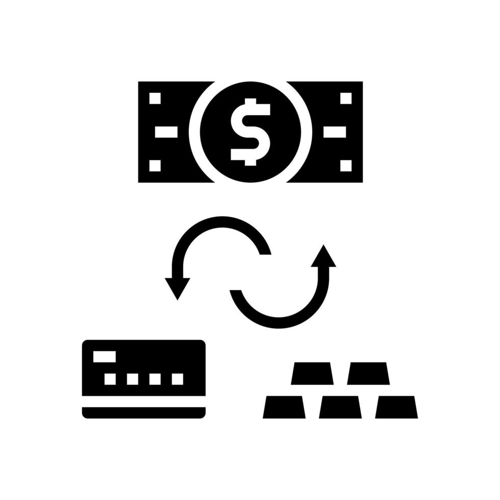 cambio de efectivo en oro y dinero electrónico glifo icono vector ilustración