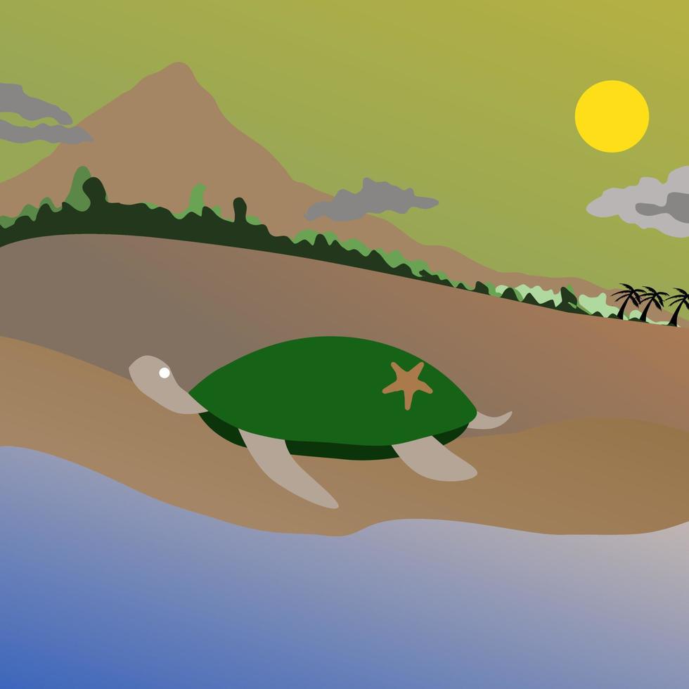 diseño plano de paisaje frente al mar con tortuga verde vector