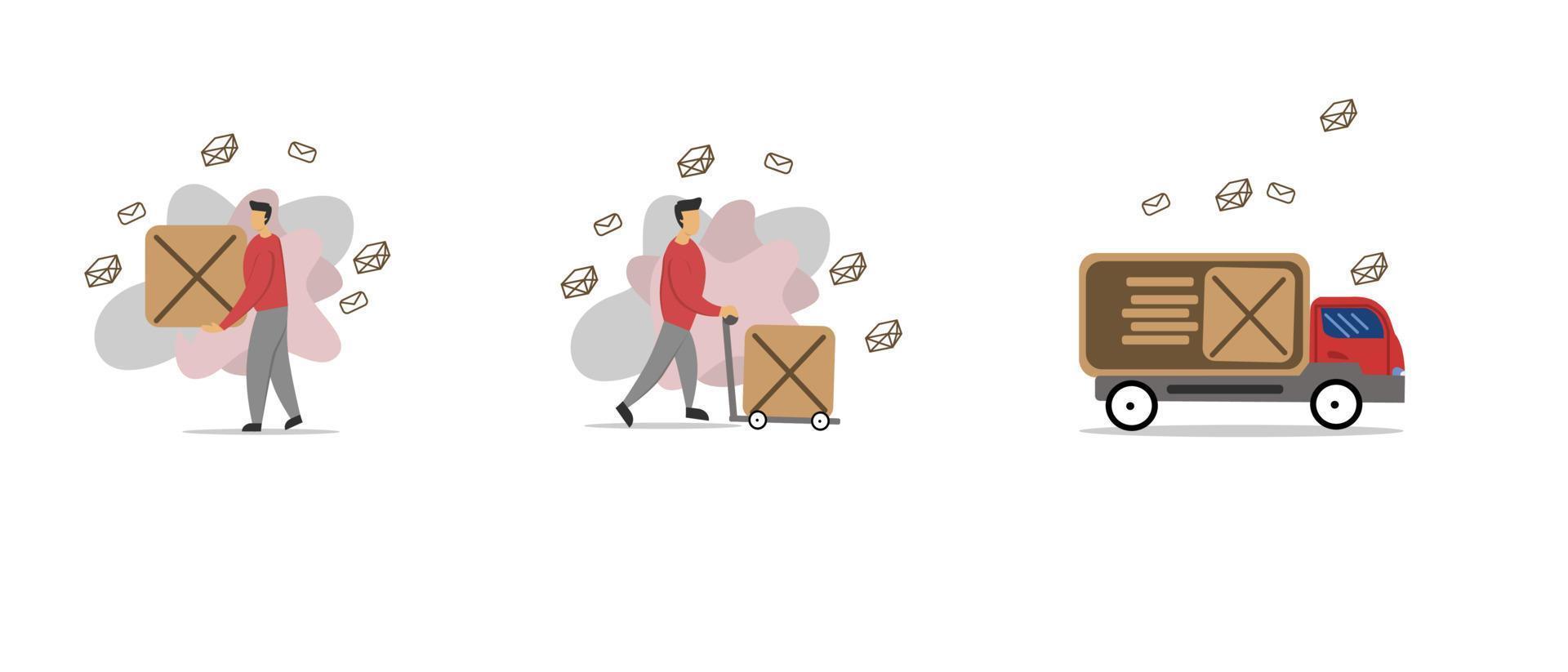 flat design of the order package delivery process. This design is suitable for use for courier work, work instructions, posters, the delivery service industry and more vector