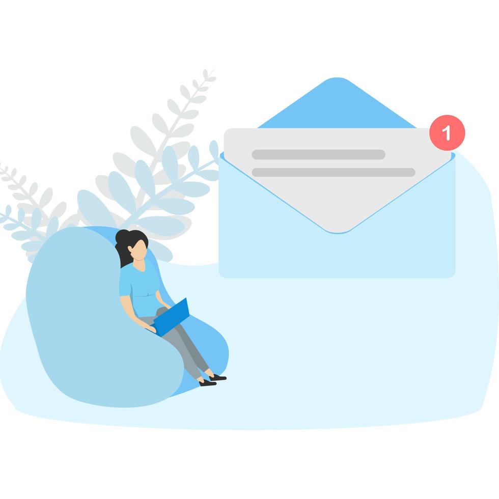 Woman working on laptop with email icon. Business woman receiving email. Business woman sending email. Business technology, email concept. Vector flat design illustration. Horizontal layout