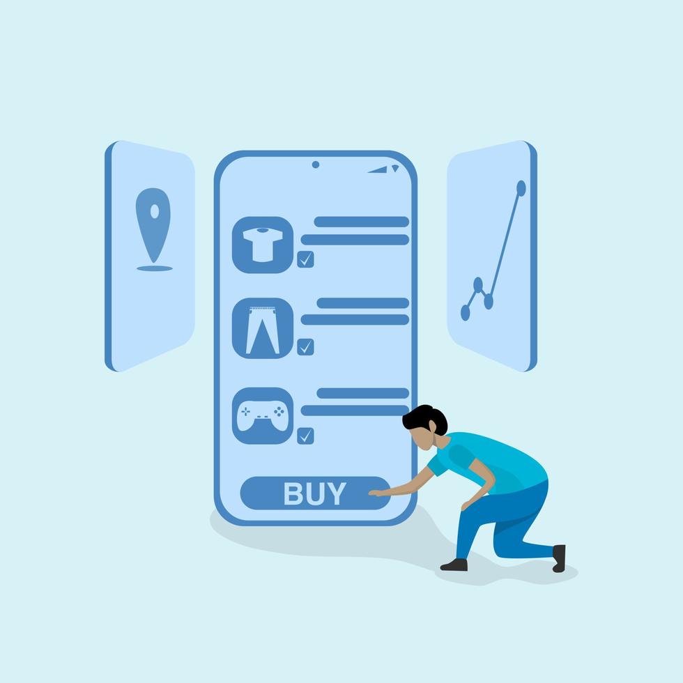 Online shopping. male checkout online shop, Customer buys with smartphone, online shop checkout. Mobile app payment e-commerce digital marketing concept vector set